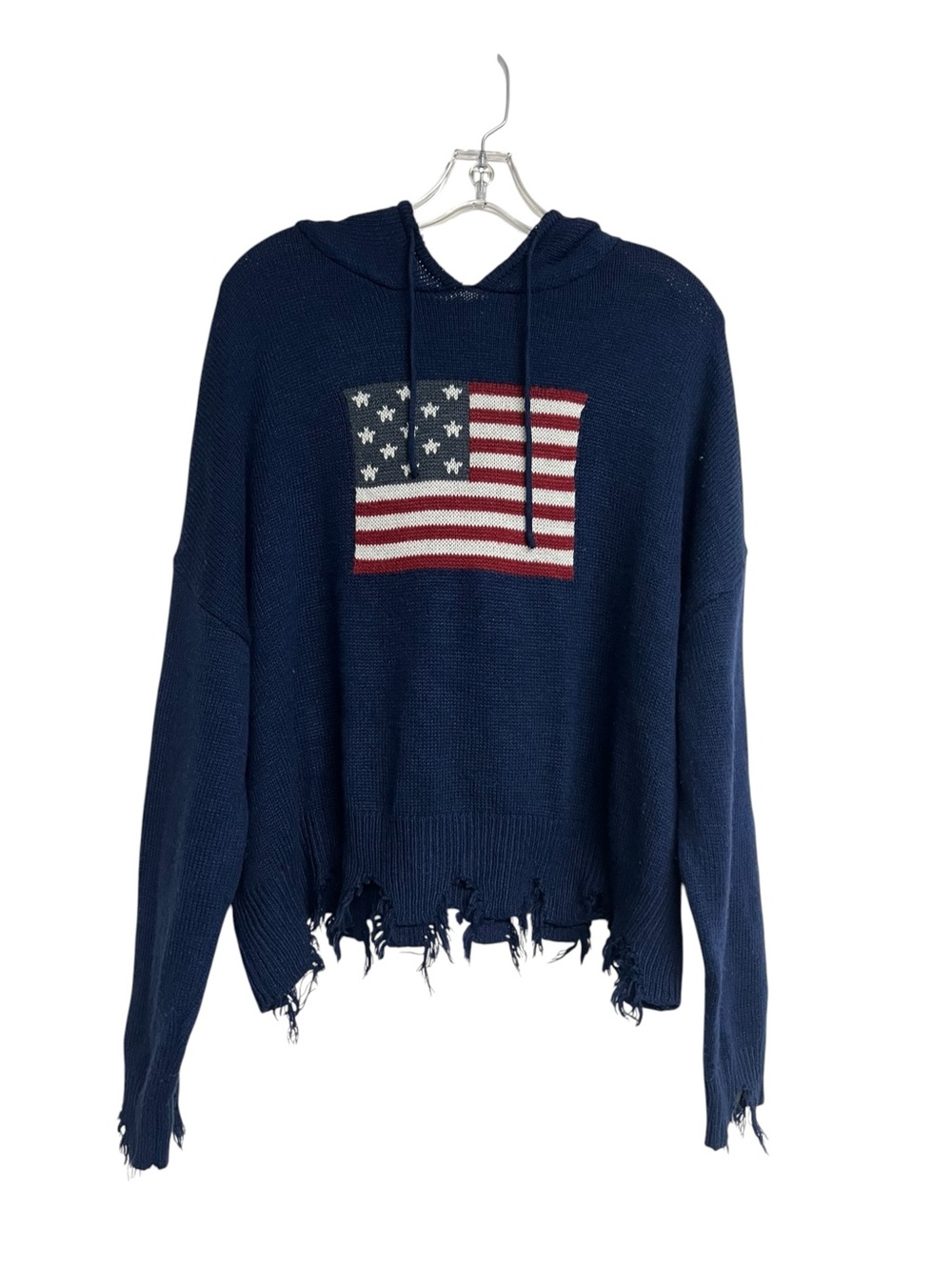 Denimist American Flag Navy Hooded Distressed Sweater Y2K Classic XL